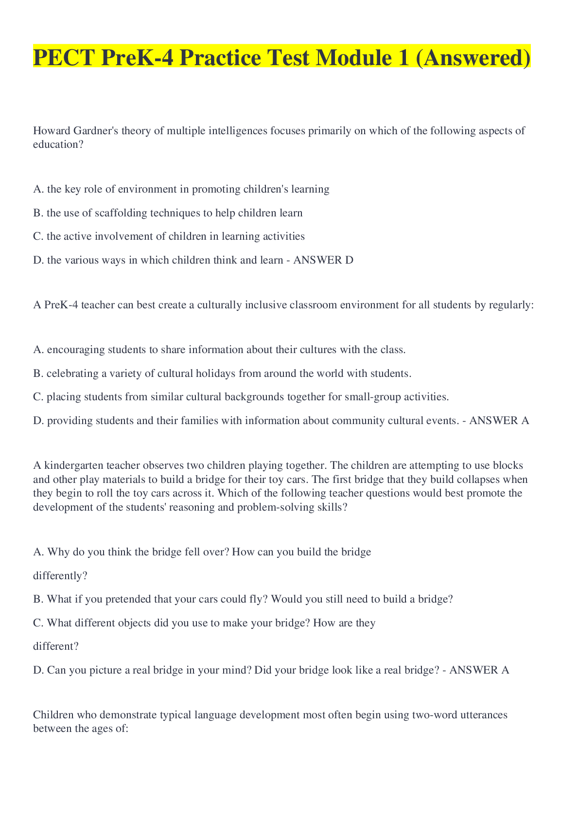 Preview image for PECT PreK-4 Practice Test Module 1 (Answered)